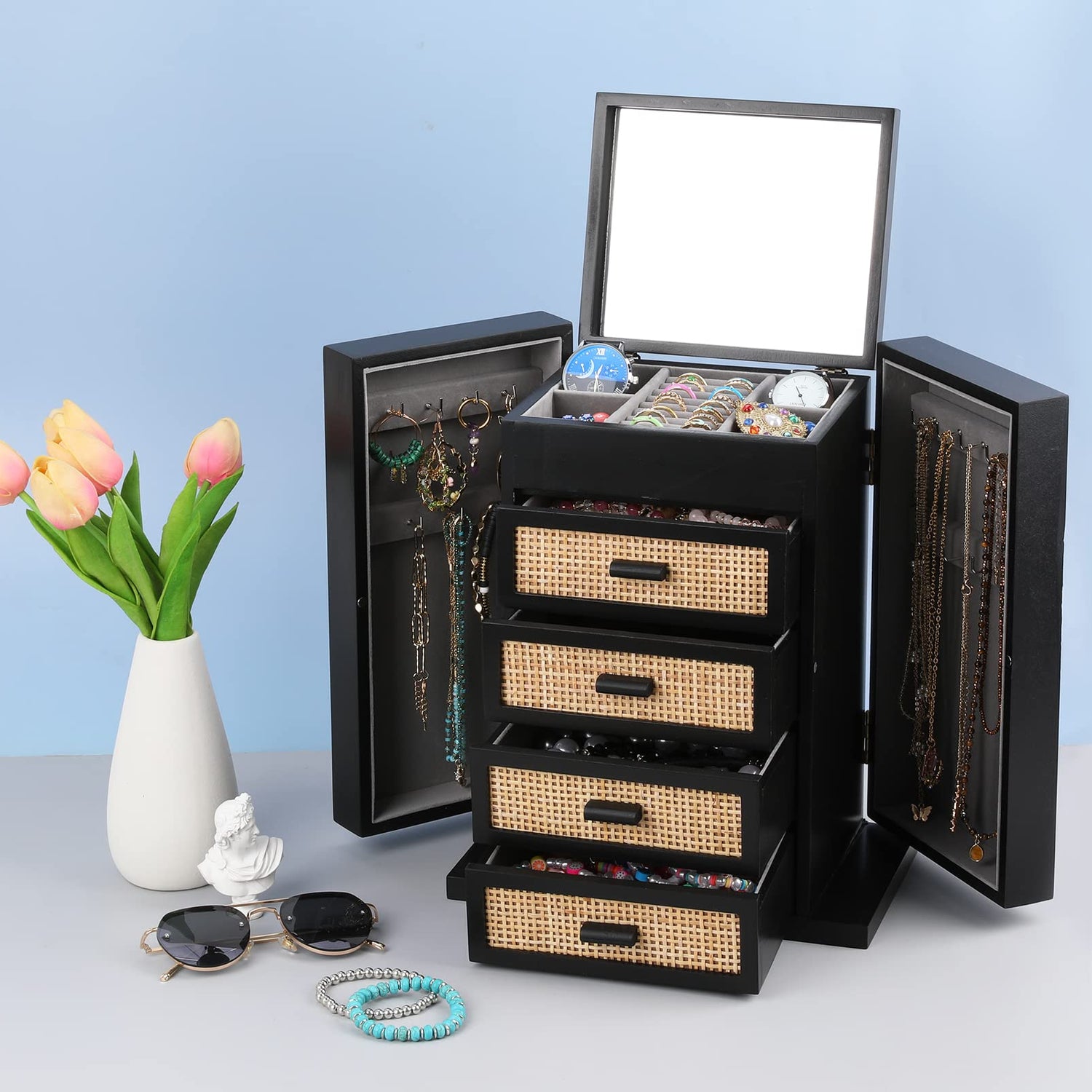 Jewelry Organizer, Rattan Jewelry Box, 5 Layer Wooden Jewelry Organizer Box with Mirror, Jewelry Boxes with 4 Drawers for Women Men, Black Jewelry Miss Rabbit