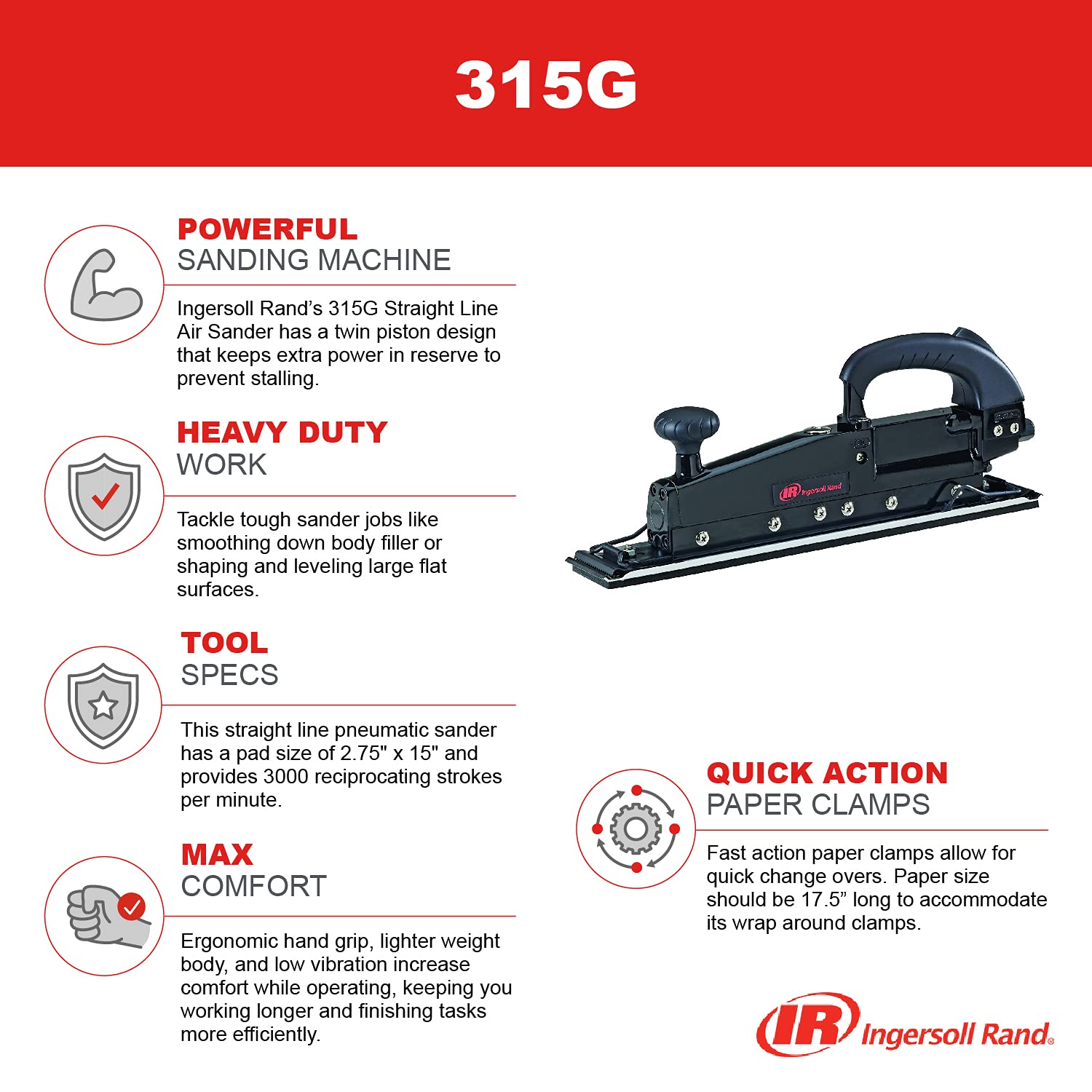 Ingersoll Rand 315G Straight Line Air Sander, 2.75" x 17.5" Pad, 3,000 SPM, Large Ingersoll Rand