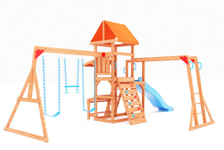 Dolphin Playground Wooden Swing Sets for Backyard, Outdoor Playset for Kids 3-10 with Monkey Bar, Picnic Table, 8FT Slide, Playhouse, Belt Swing, DOLPHIN PLAYGROUND T