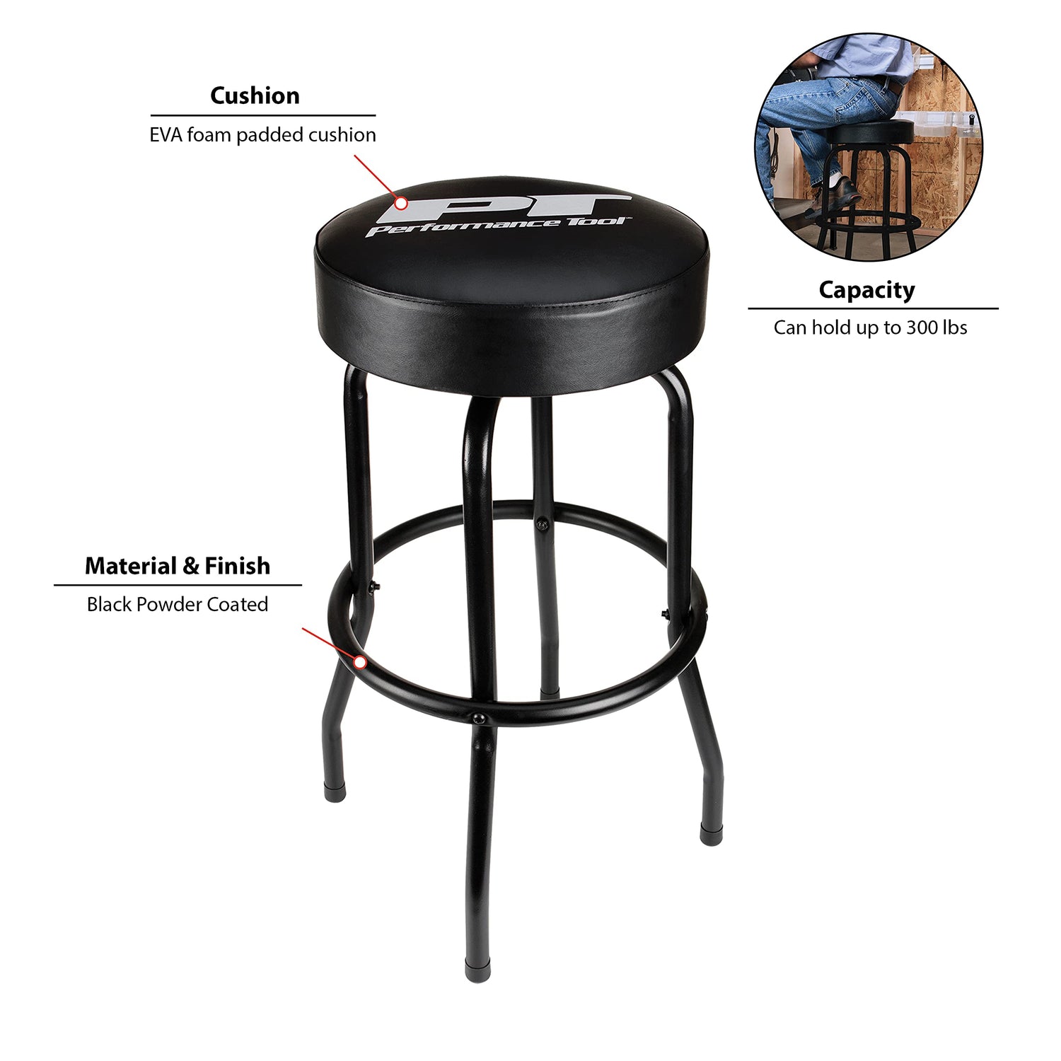 Performance Tool W85010 Swivel Seat Bar Stool for Mechanic Garages and Workshops, Black, 0.6x9.8x5.8-Inches Performance Tool