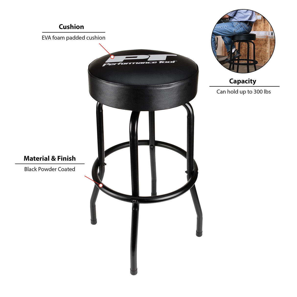 Performance Tool W85010 Swivel Seat Bar Stool for Mechanic Garages and Workshops, Black, 0.6x9.8x5.8-Inches Performance Tool