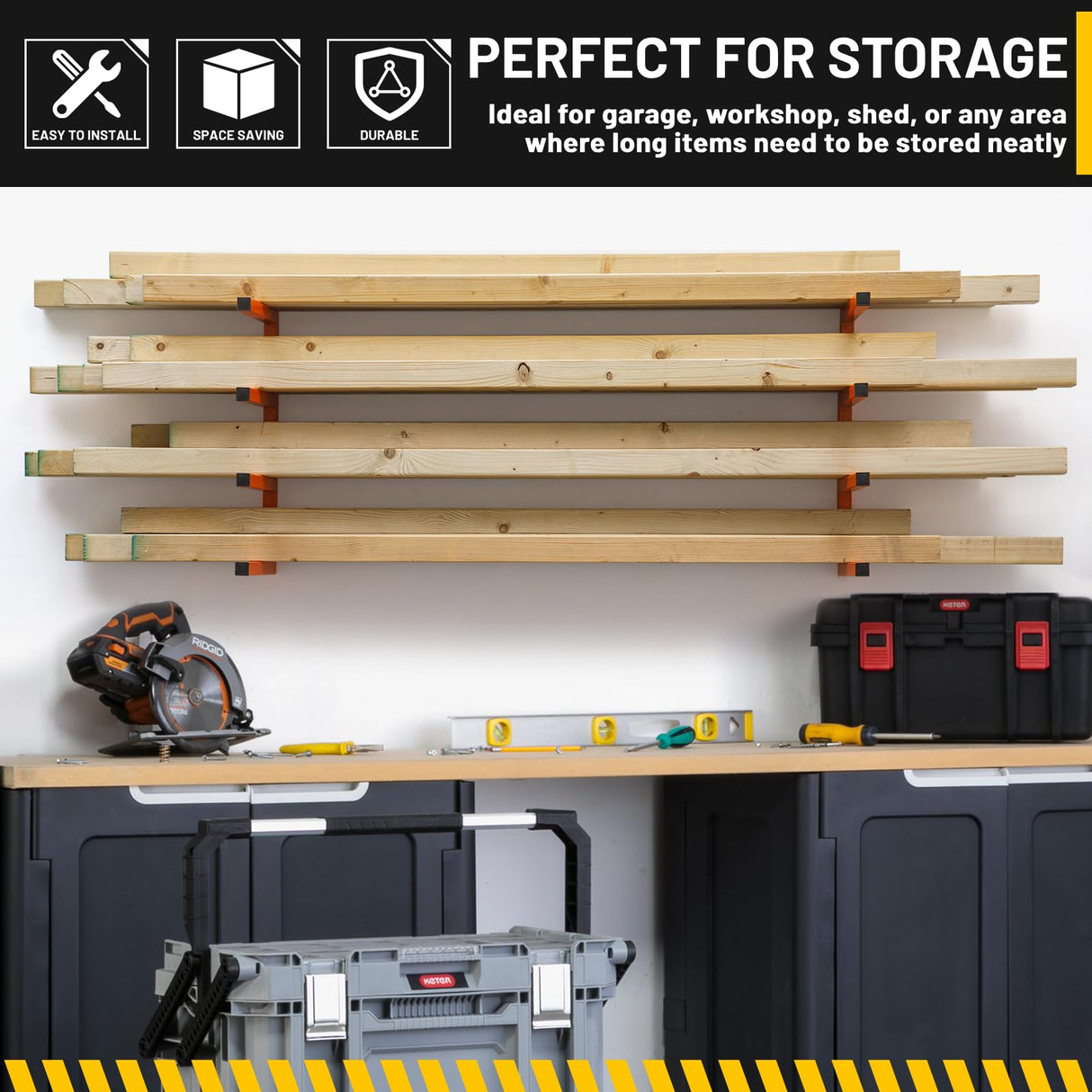 YYR Wood Organizer and Lumber Storage Rack Wall Mount, Heavy Duty Metal Shelf with 4-Level Holds Up 800 LBS, Indoor & Outdoor Use - Orange YYR