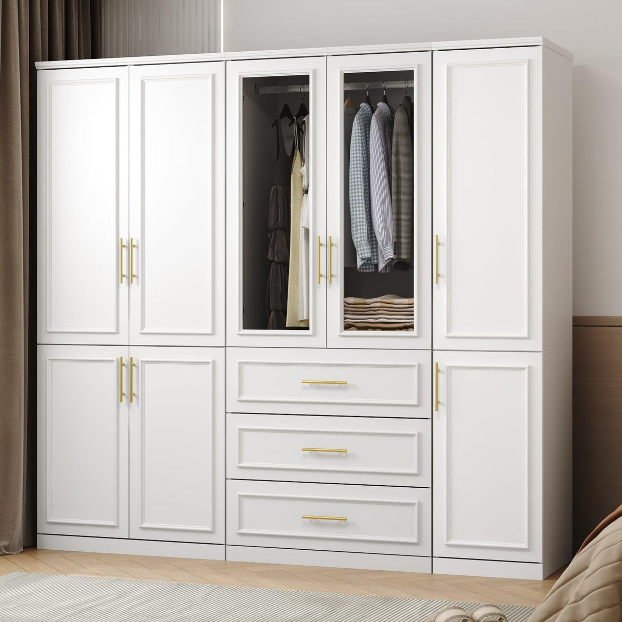 ECACAD White Extra Wide Wardrobe Armoire with 8 Doors, Drawers, Storage Shelves & Hanging Rods, Wooden Closet Storage Cabinet for Bedroom (79.1”W x ECACAD