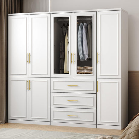 ECACAD White Extra Wide Wardrobe Armoire with 8 Doors, Drawers, Storage Shelves & Hanging Rods, Wooden Closet Storage Cabinet for Bedroom (79.1”W x ECACAD