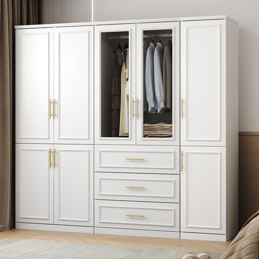 ECACAD White Extra Wide Wardrobe Armoire with 8 Doors, Drawers, Storage Shelves & Hanging Rods, Wooden Closet Storage Cabinet for Bedroom (79.1”W x