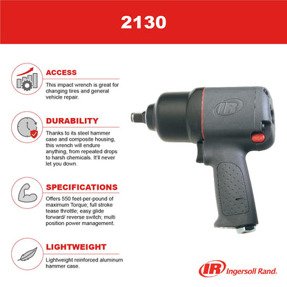 Ingersoll Rand 2130 1/2" Drive Air Impact Wrench, 550 ft-lbs Max Torque Output, 7000 RPM, Heavy Duty, Lightweight, Use for Changing Tires, Auto - WoodArtSupply