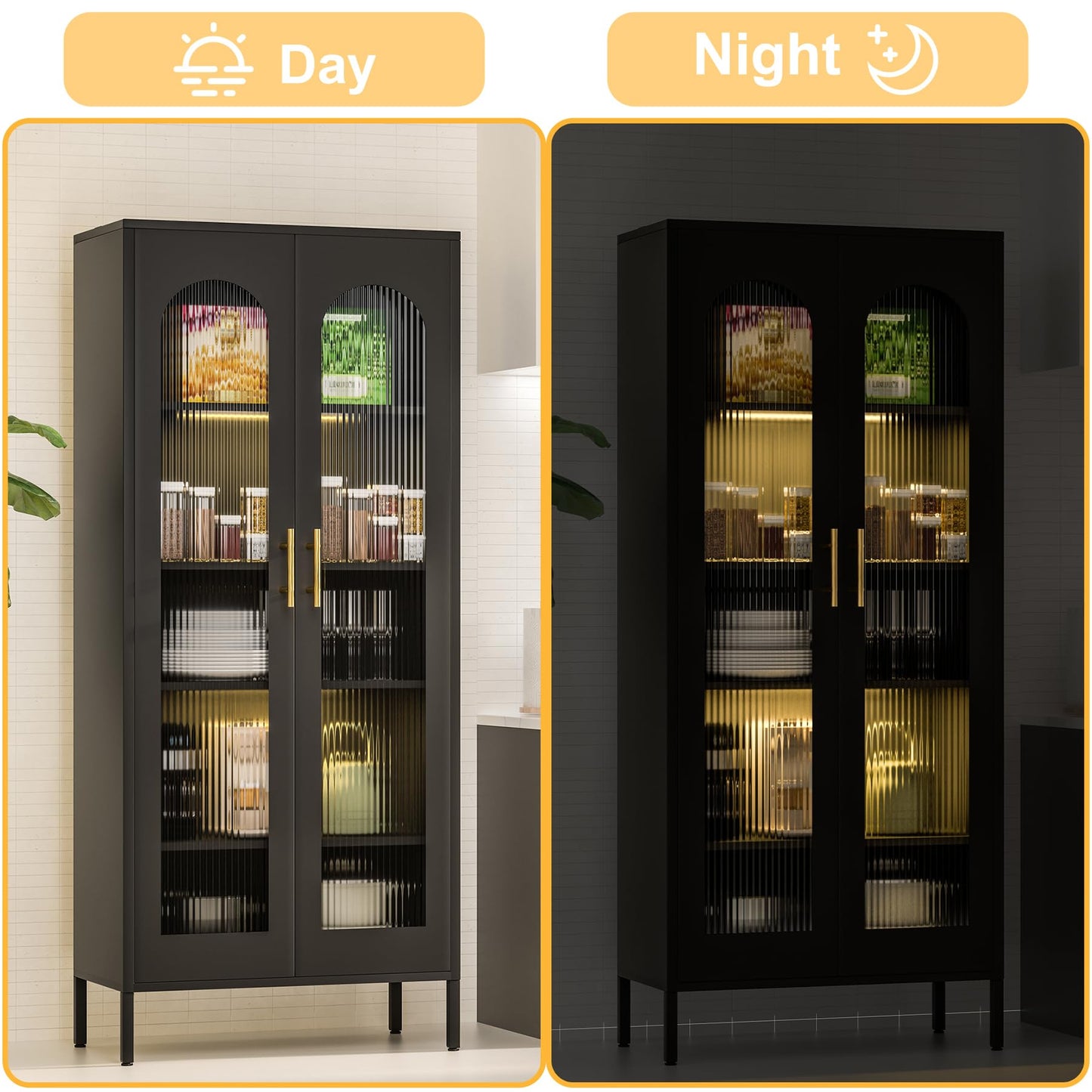 ZONLESON Metal Storage Cabinet,71" Kitchen Pantry Cabinet with Glass Doors，Tall Display Curio Cabinet with Doors and Shelves,Black Cabinet for Dining