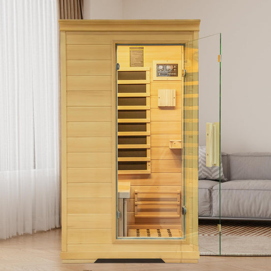 Zugoni 1 Person Mini Far Infrared Sauna Room, Wood Side-Opening Indoor Sauna Low EMF 5 Heating Panels 1050W Infrared Therapy for Personal Wooden Dry