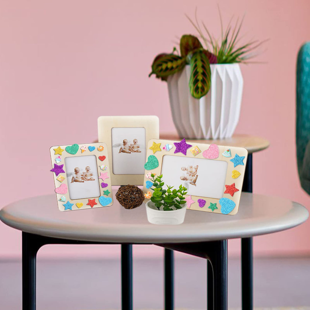 6 Pack Picture Frame Painting Craft Kit, ZYNERY 7.5 x 5.5 inch DIY Unfinished Wooden Photo Frames with Painting Tools Set, Hearts Stars Eva Sticke, ZYNERY