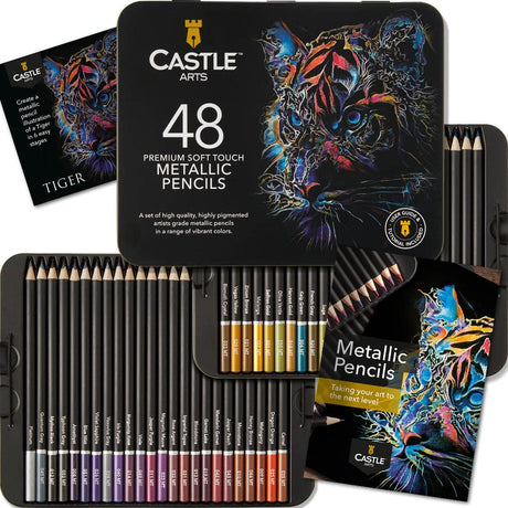 Castle Art Supplies 48 Piece Metallic Colored Pencil Set | 48 Shimmering Shades with Wax Cores for Professional, Adult Artists and Colorists | Castle Art Supplies