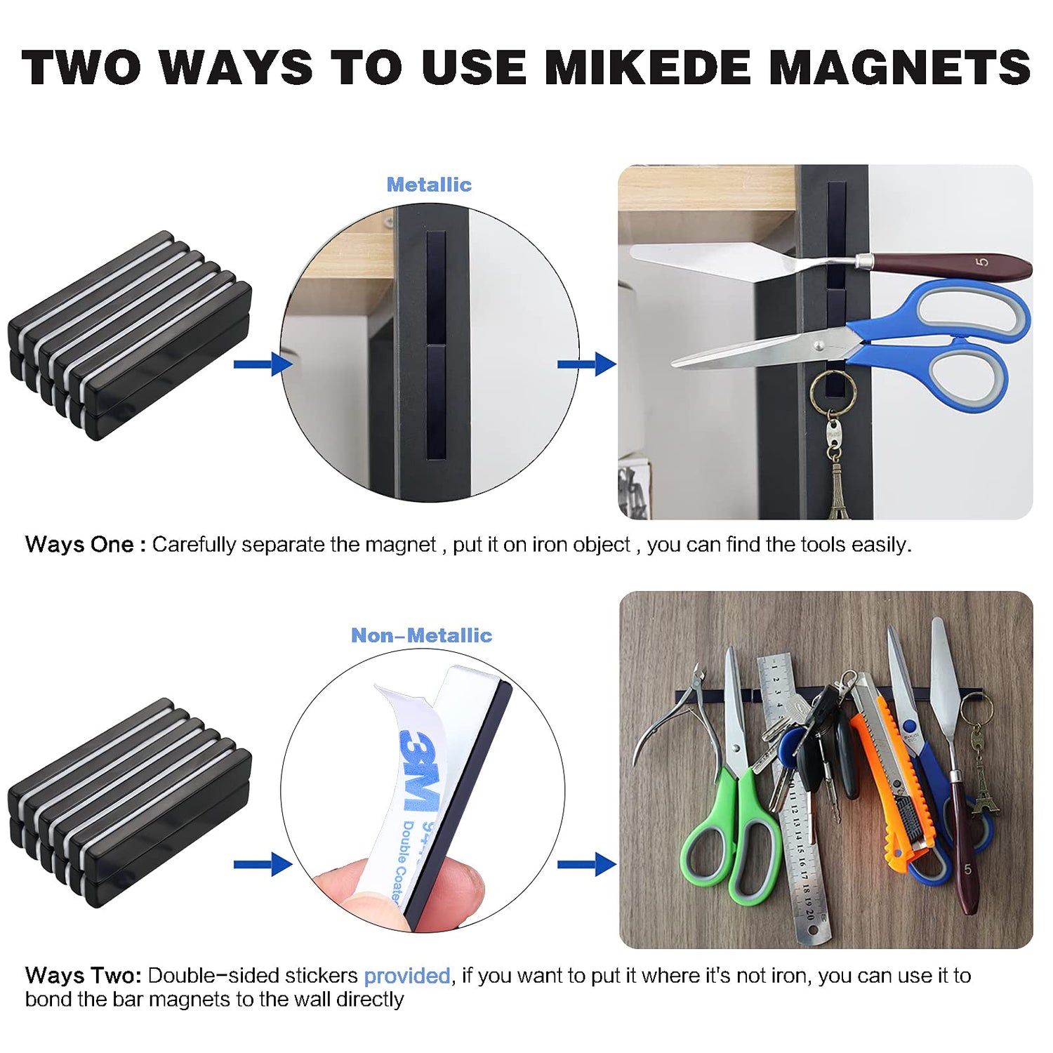 MIKEDE Strong Neodymium Bar Magnets, 16 Pack Black Heavy Duty Magnets with Double-Sided Adhesive, Rare Earth Metal Rectangular Magnetic Bar Magnet MIKEDE