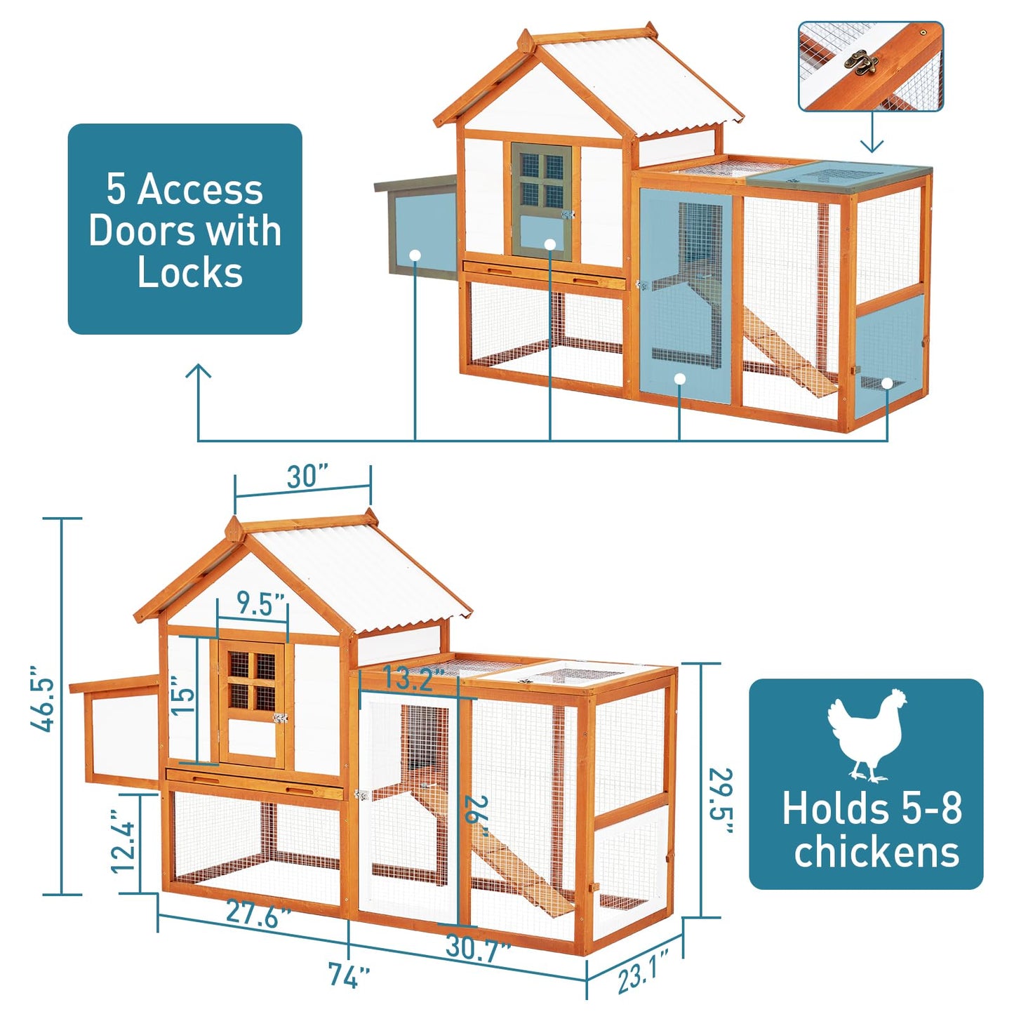 PioneerWorks Outdoor Chicken Coop Wooden Hen House with Run, Poultry Cage w/Ramps, Nesting Box, 5 Access Areas, Wire Fence, Removable Bottom for Easy - WoodArtSupply