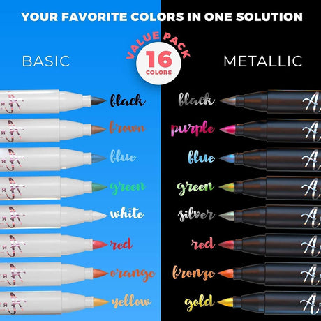 Acrylic Paint Pens Brush Tip, 8 Metallic & 8 Basic Colors Acrylic Paint Markers. Set for Rock Painting, Calligraphy, Scrapbooking, Brush Lettering, ARTISTRO