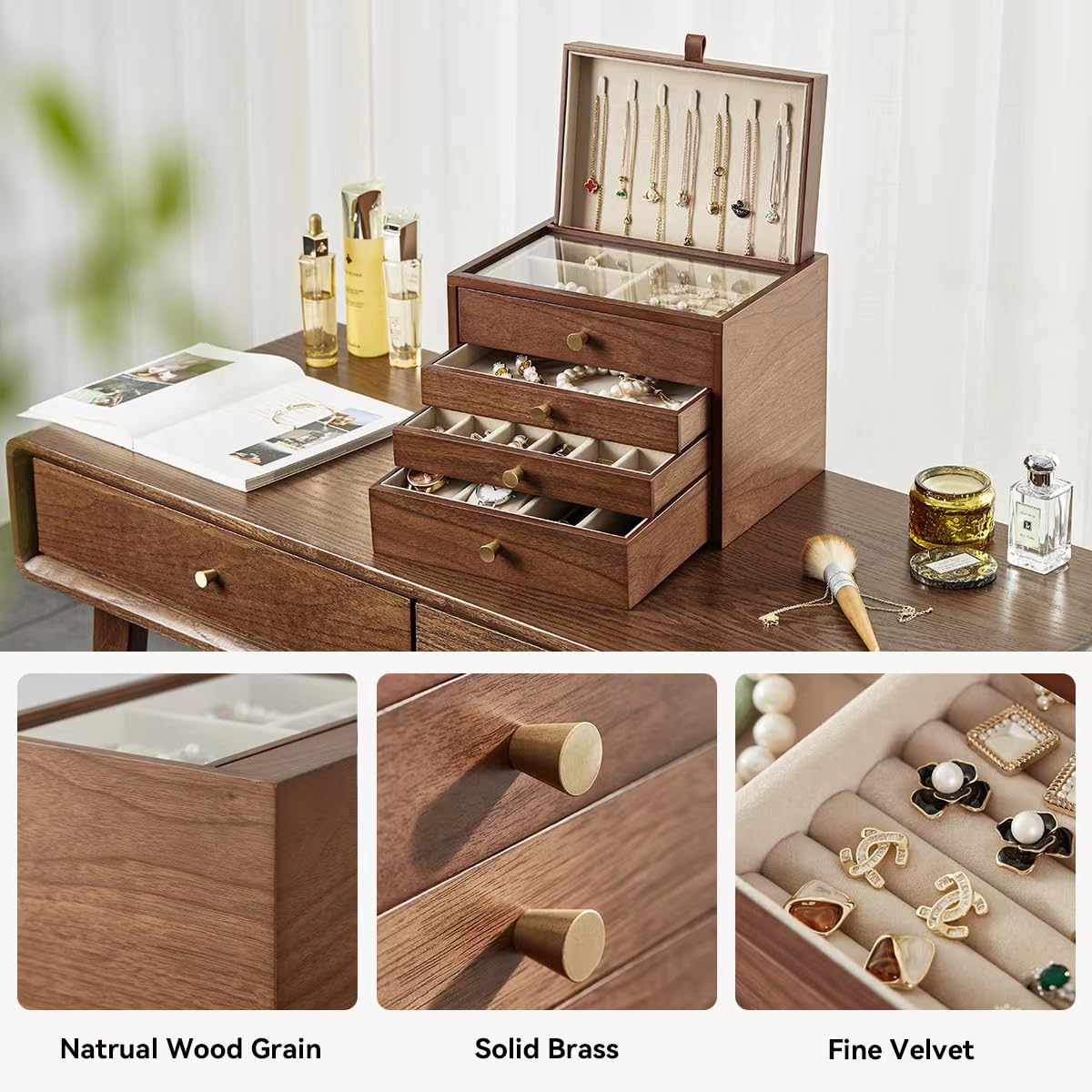 CHOSIN Black Walnut Wooden Jewelry Box for Women Classical Solid Wooden 4-Layer with Glass Lid and Pull-out Necklace Storage Layer Watch Necklace CHOSIN