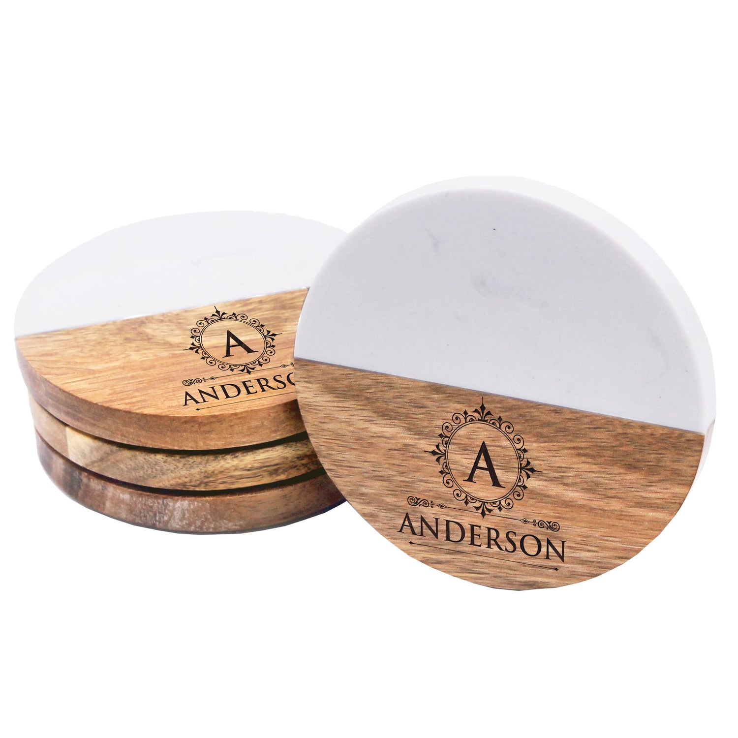 Custom Personalized Set of 4 Marble and Acacia Coasters for Drinks, Couples, Wedding Gift, New Home (Round Marble and Acacia) The Wedding Party Store