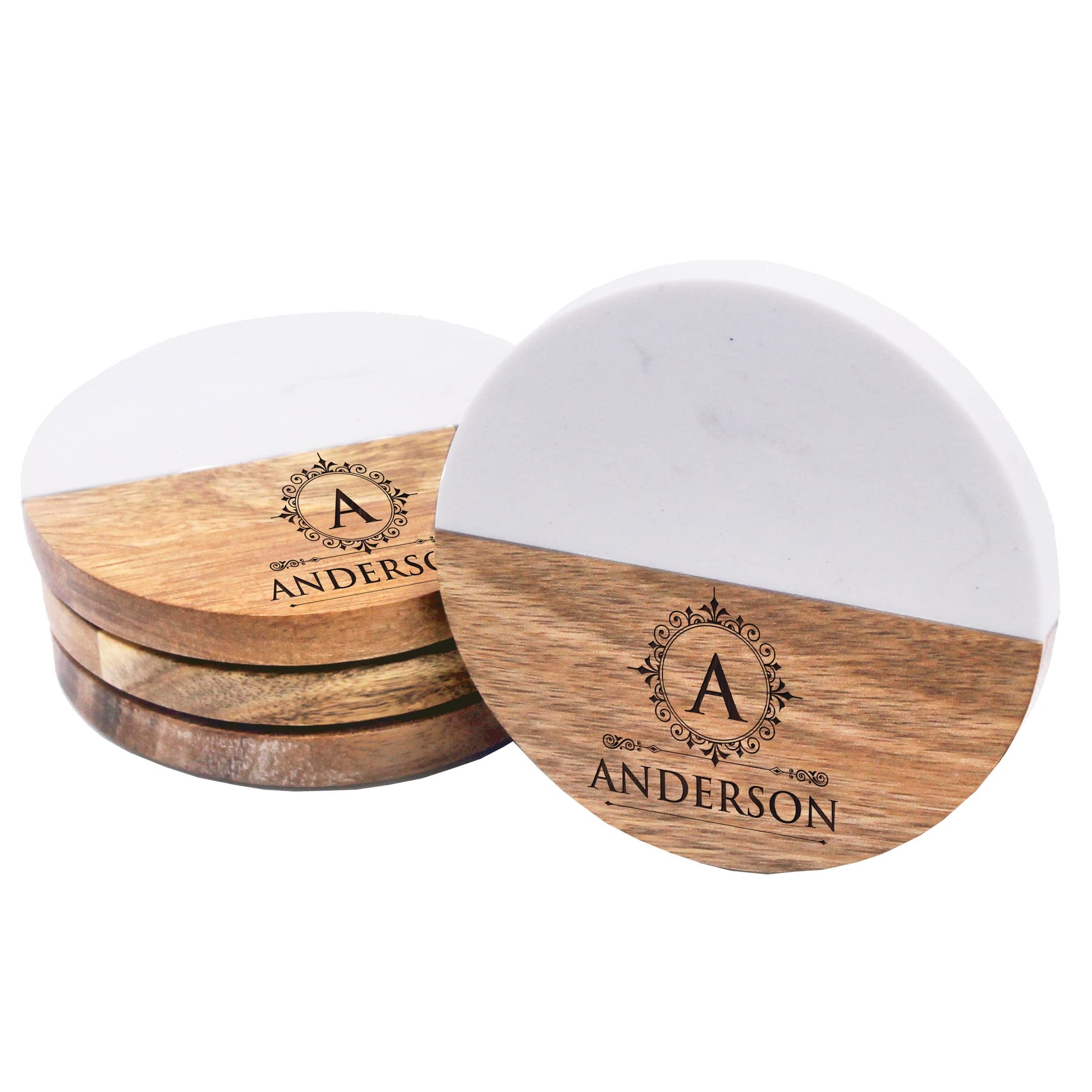 Custom Personalized Set of 4 Marble and Acacia Coasters for Drinks, Couples, Wedding Gift, New Home (Round Marble and Acacia) - WoodArtSupply