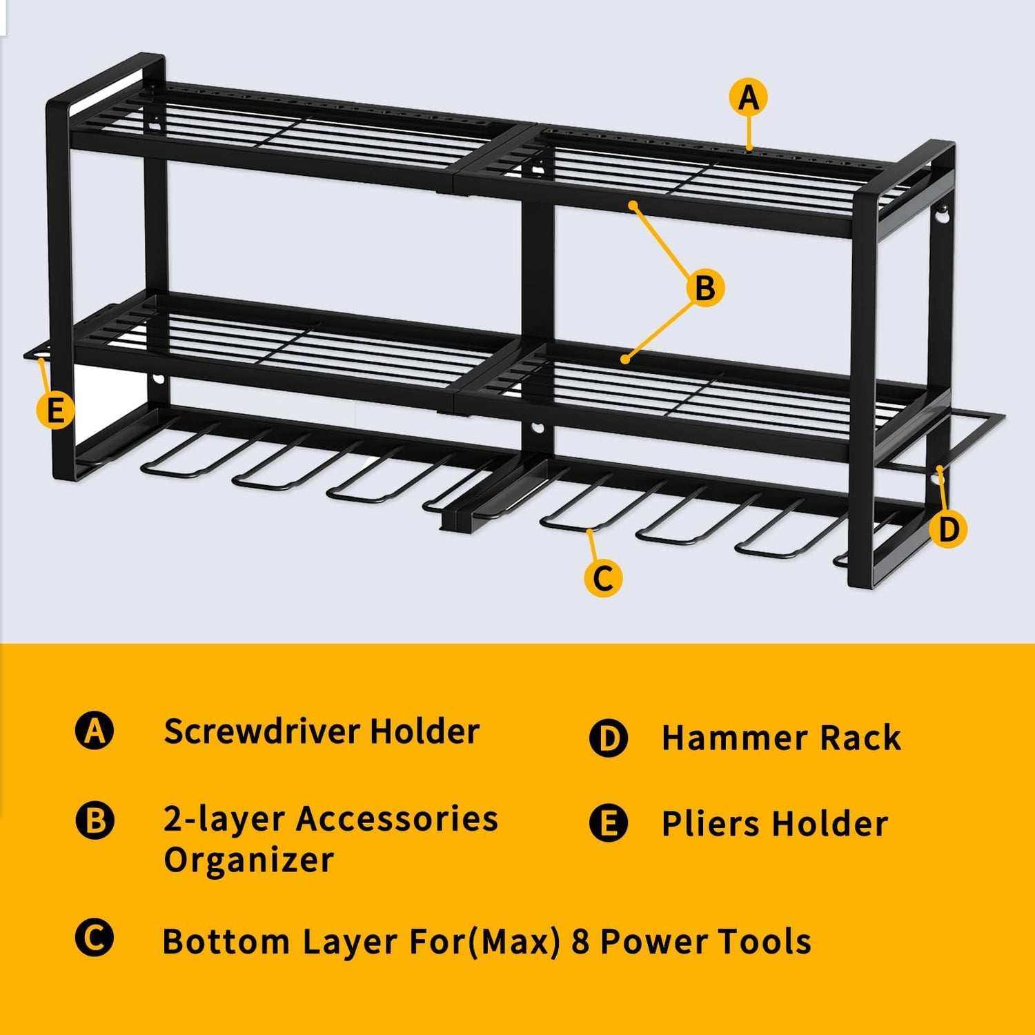 SOYEEZE Power Tool Organizer & Storage Wall Mount - Heavy Duty Metal 8 Drill Holder, 3 Layer Premium Garage Utility Power Tool Rack &Tool Shelf，Great SOYEEZE