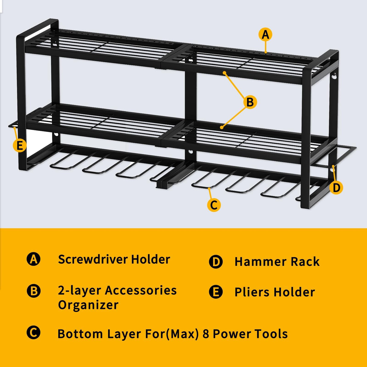 SOYEEZE Power Tool Organizer & Storage Wall Mount - Heavy Duty Metal 8 Drill Holder, 3 Layer Premium Garage Utility Power Tool Rack &Tool Shelf，Great SOYEEZE