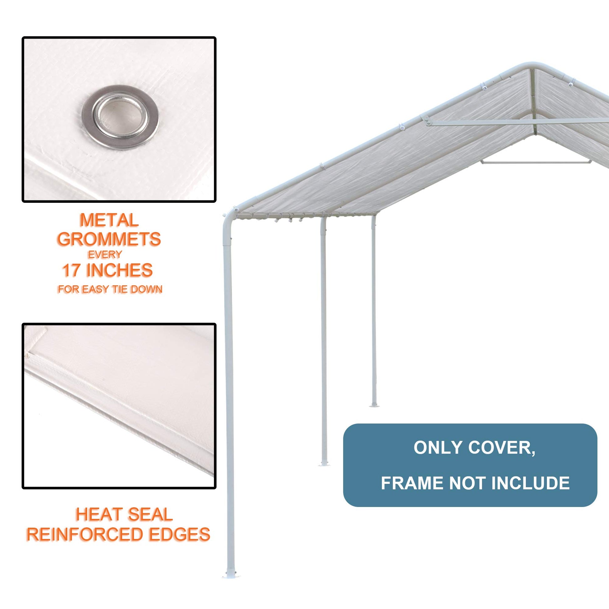 Thanaddo 10 x 20 Ft Carport Replacement Canopy Cover Garage Top Tent Shelter Tarp with Free 44 Ball Bungee Cords,White(Only Cover, Frame Not Include) - WoodArtSupply