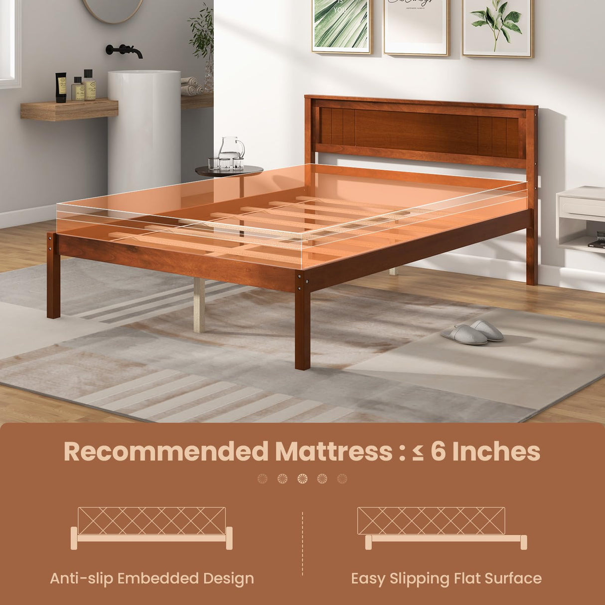 Giantex Wood Full Platform Bed with Headboard, Mid Century Solid Wood Bed Frame with Wood Slat Support, Wooden Mattress Foundation with 12" Under Bed Giantex