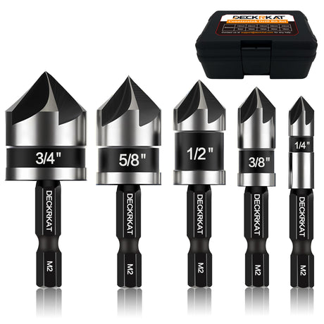 5 Pcs Countersink Drill Bit Set, Industrial Grade M2 High-Speed Steel, 82 Degree, 5 Flute with 1/4” Quick Change Hex Shank, 1/4" to 3/4" Size for DECKRKAT