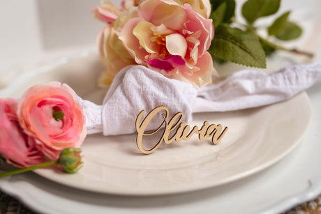 Customized Wooden Name Tags for Place Setting, Personalized Place Cards for Weddings, Bridal Showers and Events, Cursive Laser Cut Seating Cards (Raw Generic