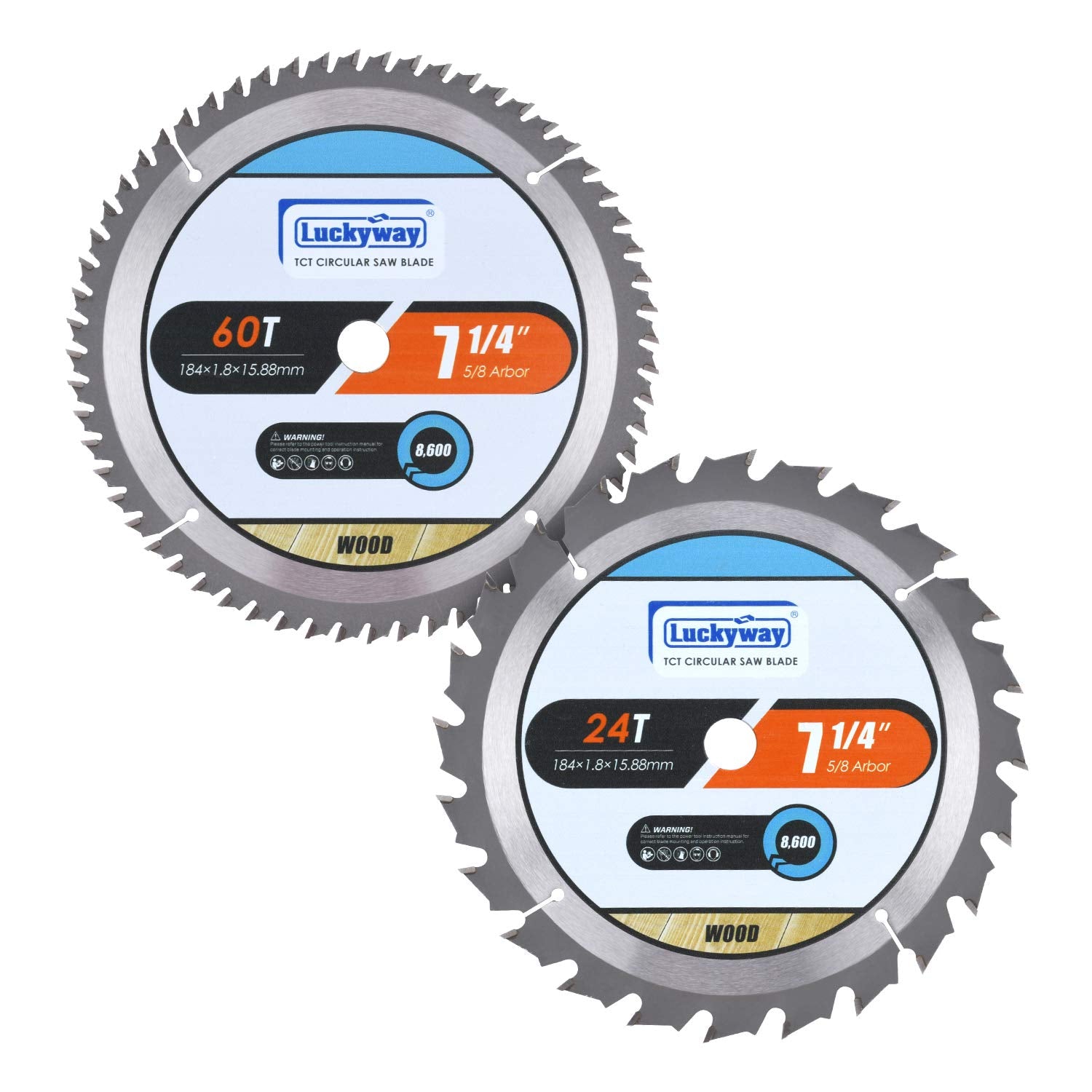Luckyway 2-Pack 7-1/4 Inch 24T Framing & 60T Finish with 5/8 Inch Arbor TCT Circular Saw Blade for Cutting Wood Luckyway