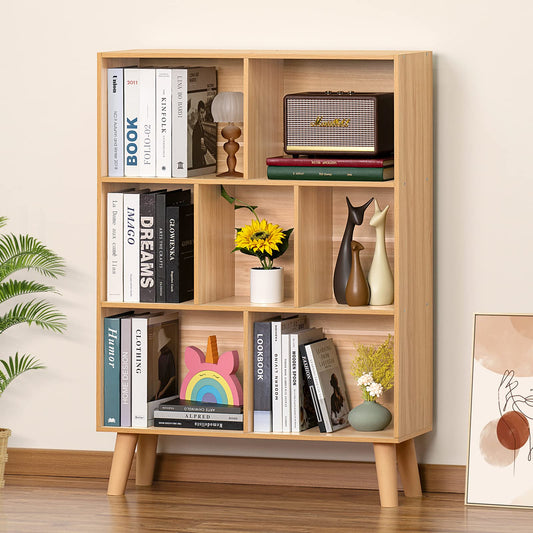 Natural 3-Tier LEYAOYAO Wooden 7 Cube Book Shelf - Modern Boho Display Organizer - WoodArtSupply