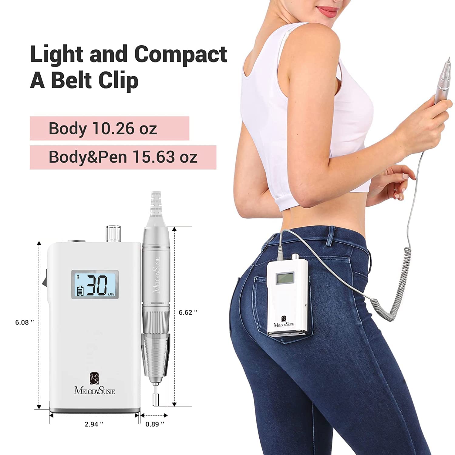 MelodySusie Professional Rechargeable 30000 rpm Nail Drill, Portable Electric E File Scamander, Acrylic Gel Grinder Tools with 6 Bits and Sanding MelodySusie