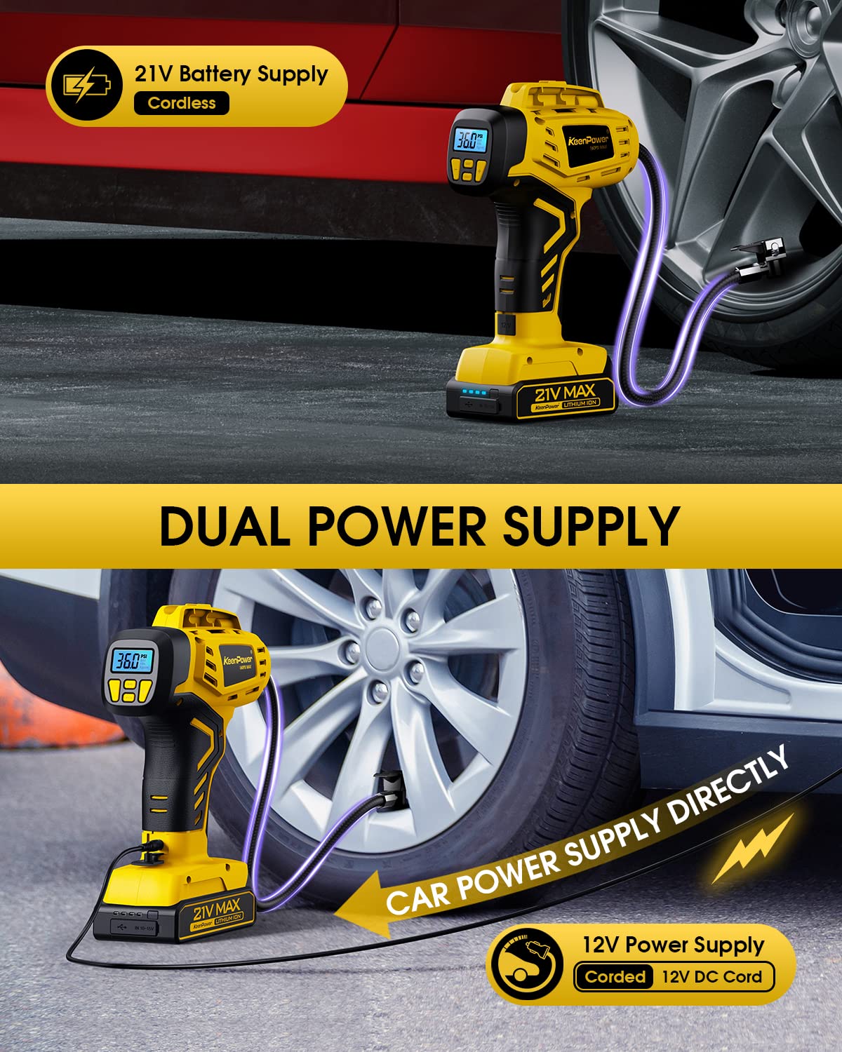 KeenPower Tire Inflator Portable Air Compressor - 2X Faster - 21V Rechargeable Battery Powered Handheld 160PSI Tire Inflator, Dual Power Supply KeenPower