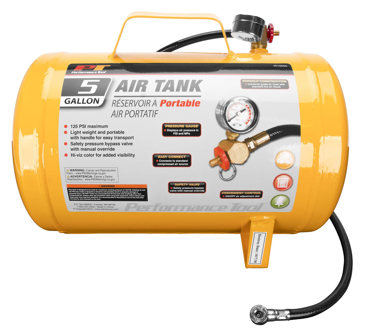 Performance Tool W10005 Hi-viz 5-Gallon Horizontal Portable Air Tank With Tire Air Chuck , Yellow Performance Tool