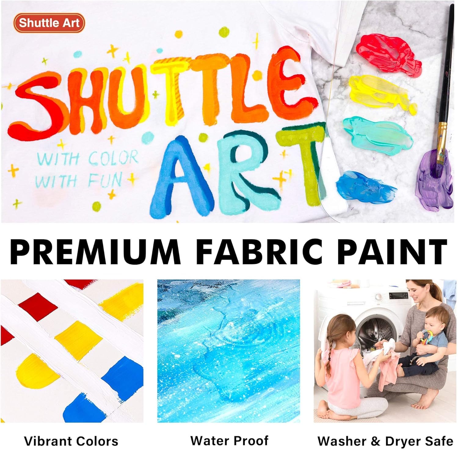 Fabric Paint, Shuttle Art 18 Colors Permanent Soft Fabric Paint in Bottles (60ml/2oz) with Brushes, Palette, Stencils, Non-Toxic Textile Paint for Shuttle Art