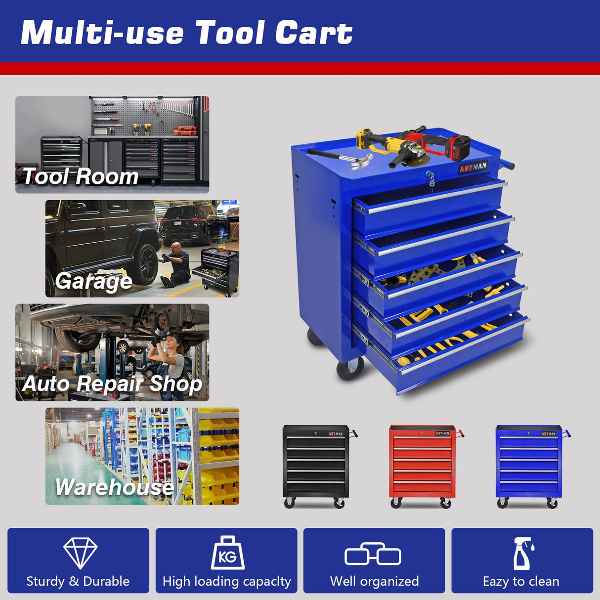 MHEOMTME 5-Drawers Tool Cabinets On Wheels, Rolling Tool Chest with Drawers, Craftsman Tool Box with Keyed Locking System, Tool Storage Organizer for MHEOMTME