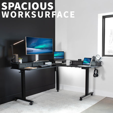 VIVO Electric 2-Tier Height Adjustable 63 x 55 inch Stand Up Corner Desk, L-Shaped Mobile Table with Memory Controller, Black Table Top, Black Frame, VIVO