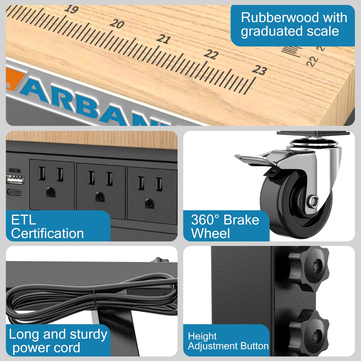 LARBANKE 48" Heavy-Duty Garage Workbench,Rubber Wood Workbench has Adjustable 5 Different Heights,Hardwood Worktable Weight Capacity Over 2000 LARBANKE