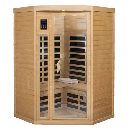 SALUSHEAT Far Infrared Wooden Sauna Room, 2 Person Home Sauna, Canadian Hemlock Indoor Corner Sauna Spa, 7 Low EMF Heaters, 2 Bluetooth Speakers, 2