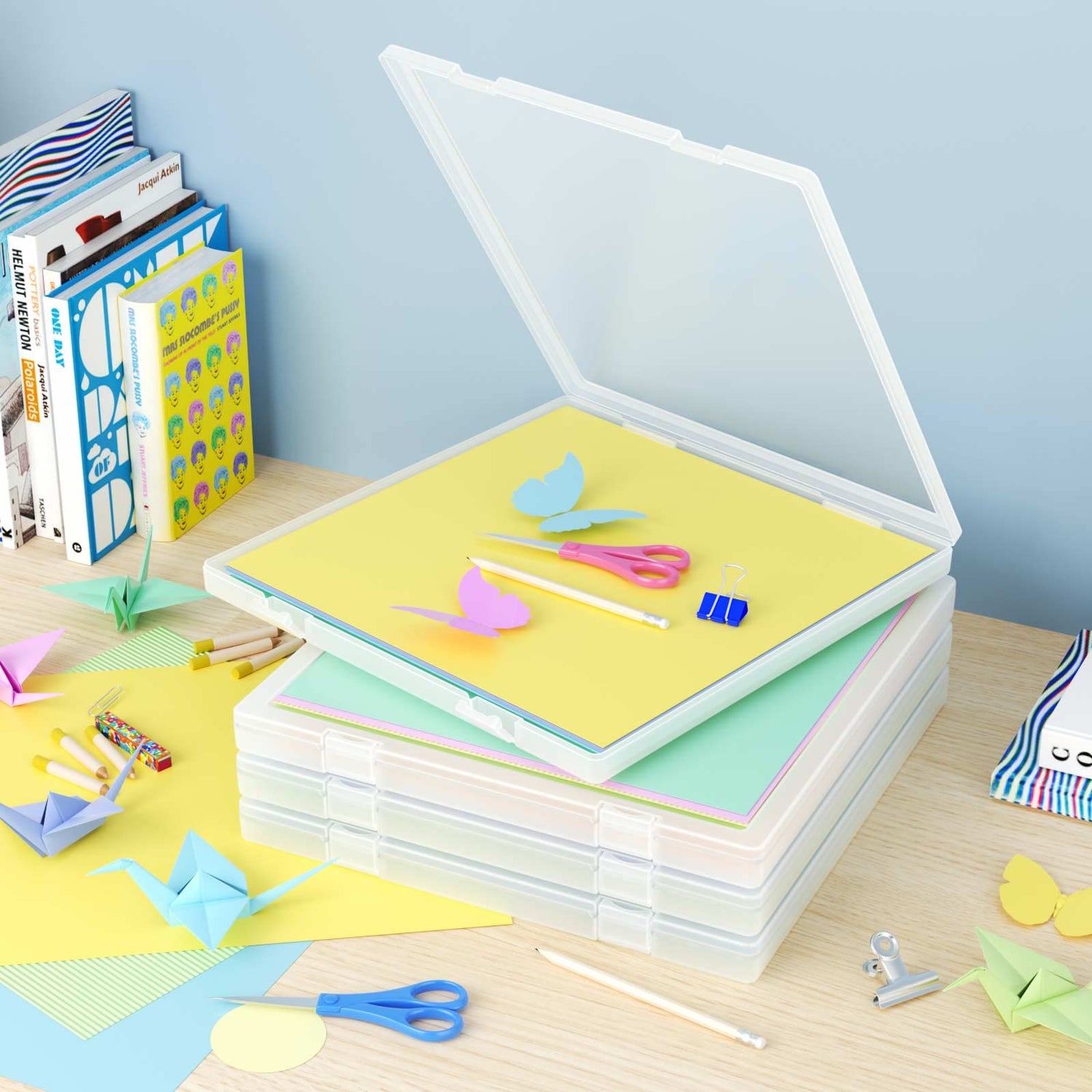 Denkee 12 x 12 Paper Storage, 4 Pack Scrapbook Storage Box for 12" x 12" Paper, Plastic Portable Project Case, Slim Documents Magazines Paper Denkee