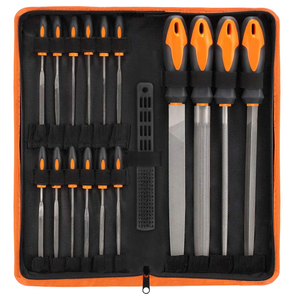17Pcs File Tool Set with Carry Case,Premium Grade T12 Drop Forged Alloy Steel, Precision Flat/Triangle/Half-round/Round Large File and 12pcs Needle VUDAMAI