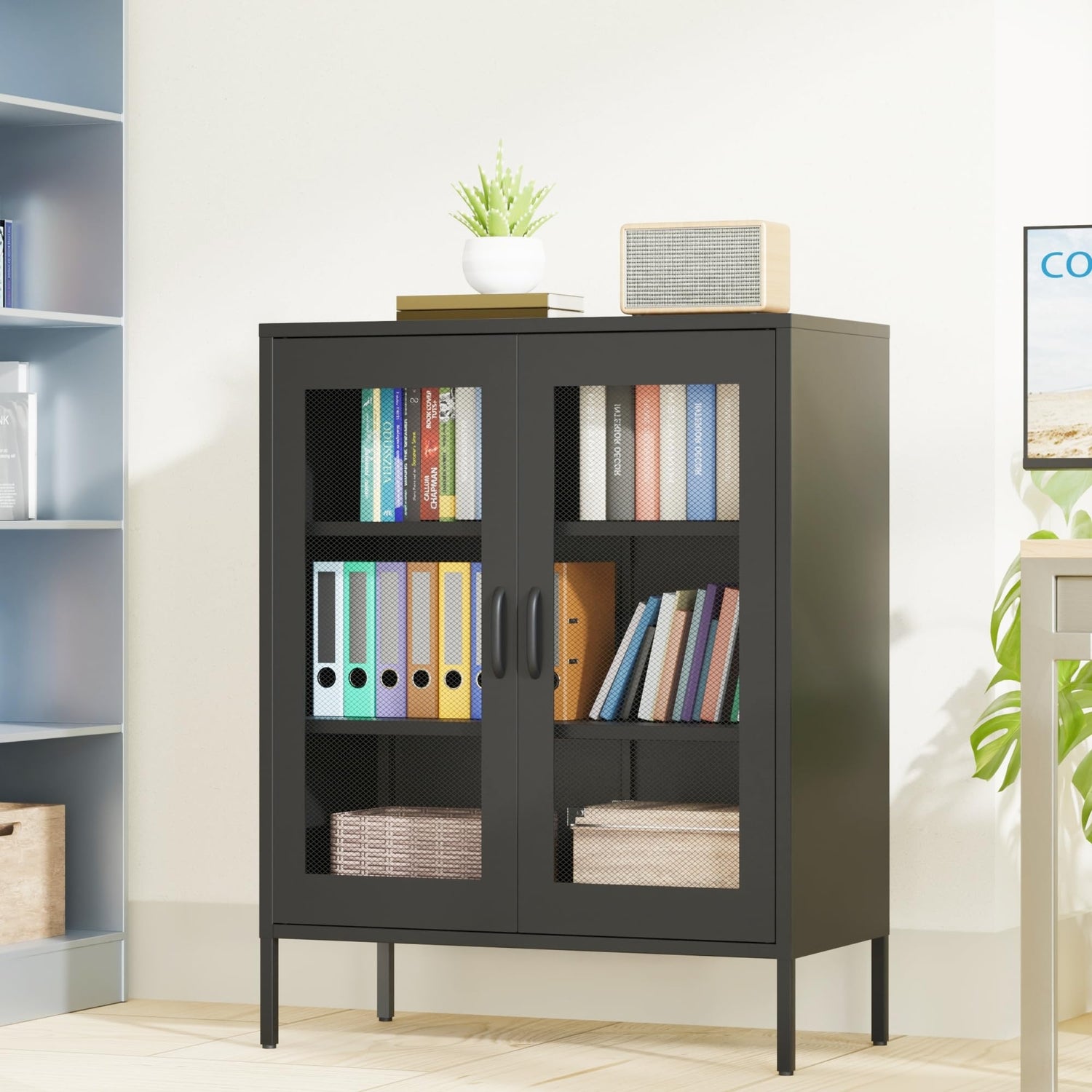 COFaR Black Metal Cabinet,Metal Locker Storage Cabinet with Mesh Doors and Shelves,3-Tier Office Cabinet,Metal Storage Cabinet,Liquor COFaR