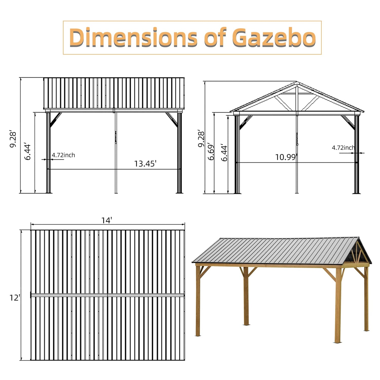 Domi 12’x14’ Hardtop Gazebo Outdoor Aluminum Gazebo with Galvanized Steel Gable Roof for Lawn and Garden(Wood-Looking) domi outdoor living