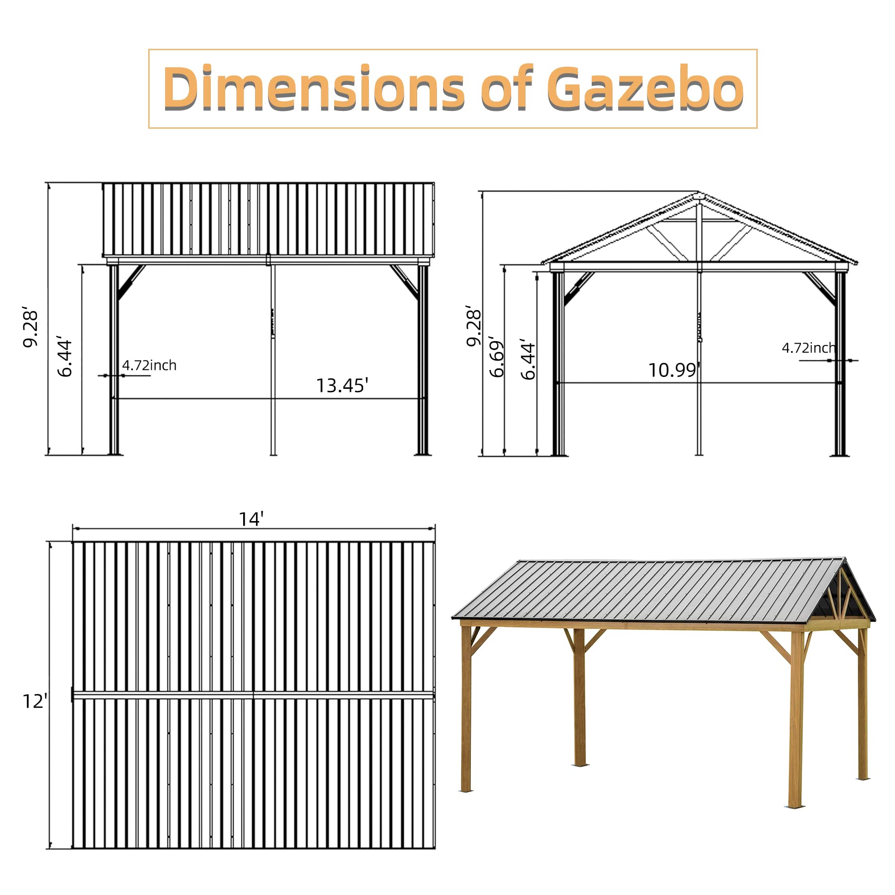 Domi 12’x14’ Hardtop Gazebo Outdoor Aluminum Gazebo with Galvanized Steel Gable Roof for Lawn and Garden(Wood-Looking) - WoodArtSupply