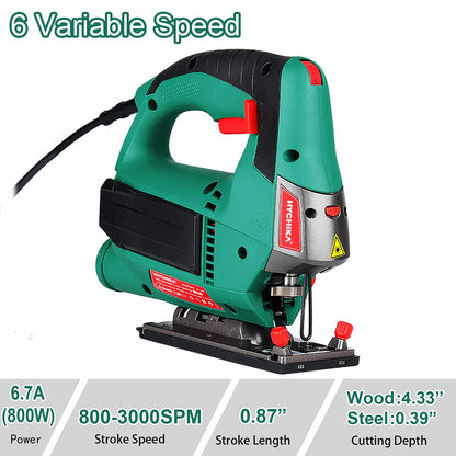 HYCHIKA Jigsaw, 6.7A Jig Saw 800-3000SPM with 6 Variable Speeds, 4 Orbital Sets, Bevel Angle 45°, 6PCS Blades, Pure Copper Motor, Laser Guide,