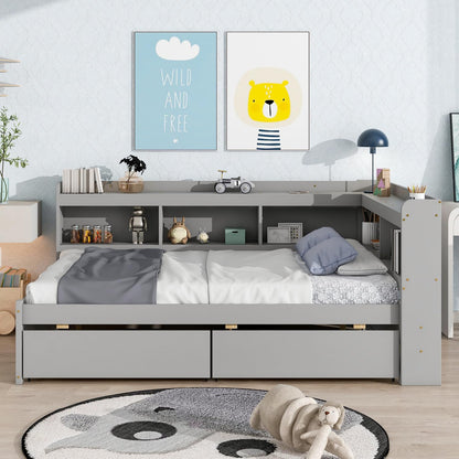 DNChuan Modern Gray Full Size Bed with L-Shaped Storage and Bookcase Headboard - WoodArtSupply