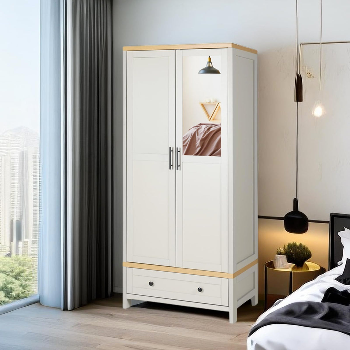 YIGOBUY Armoire Wardrobe Closet for Bedroom, 2 Doors Storage Cabinet with Drawer, Mirror, Shelves, Hanging, Tall Wood Standing Clothes Organizer YIGOBUY