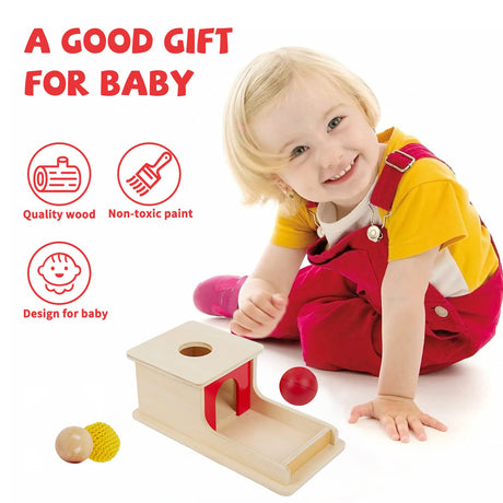 Adena Montessori Full Size Object Permanence Box with Tray Three Balls (Wood, Plastic,Knitted), Montessori Toys for Babies Infant 6-12 Month 1 Year Adena Montessori