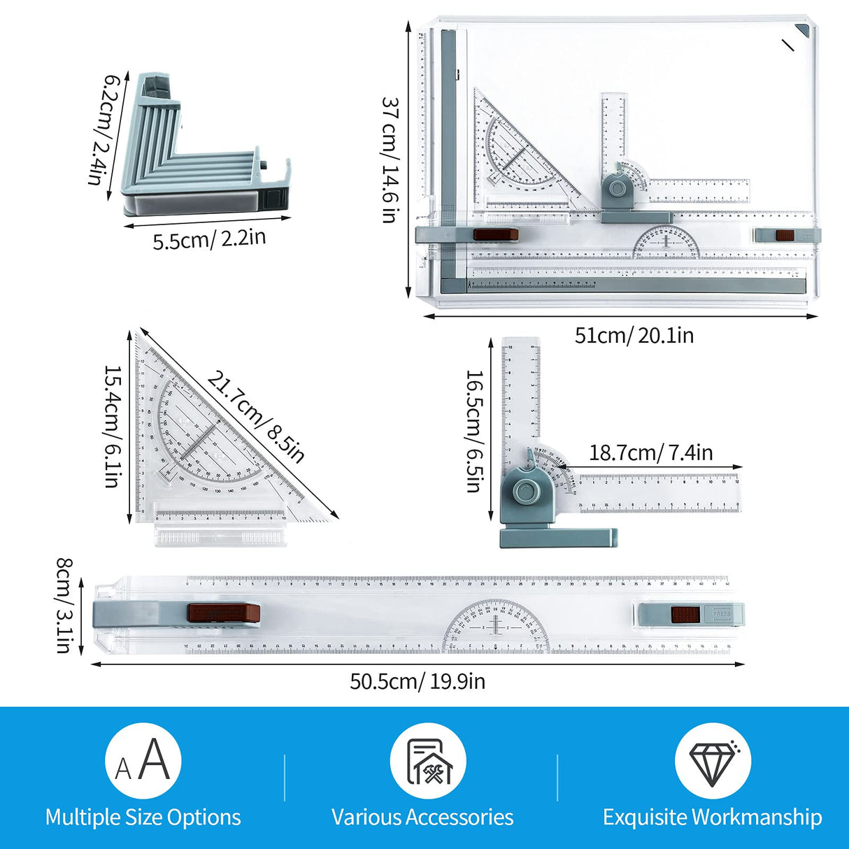 A3 Portable Drawing Board, Multi-Function Metric Drafting Table with Clear Rule Parallel Motion and Angle Adjustable Measuring System Zonon