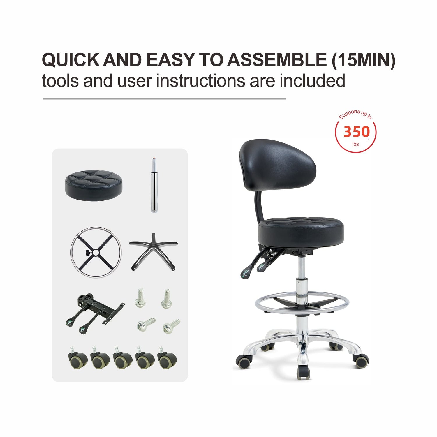 Grace & Grace Height Adjustable Rolling Swivel Tall Stool Chair with Back Support,Heavy Duty Stool with Wheels for Salon,Massage, Factory, Shop,Work Grace&Grace