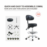 Grace & Grace Height Adjustable Rolling Swivel Tall Stool Chair with Back Support,Heavy Duty Stool with Wheels for Salon,Massage, Factory, Shop,Work Grace&Grace