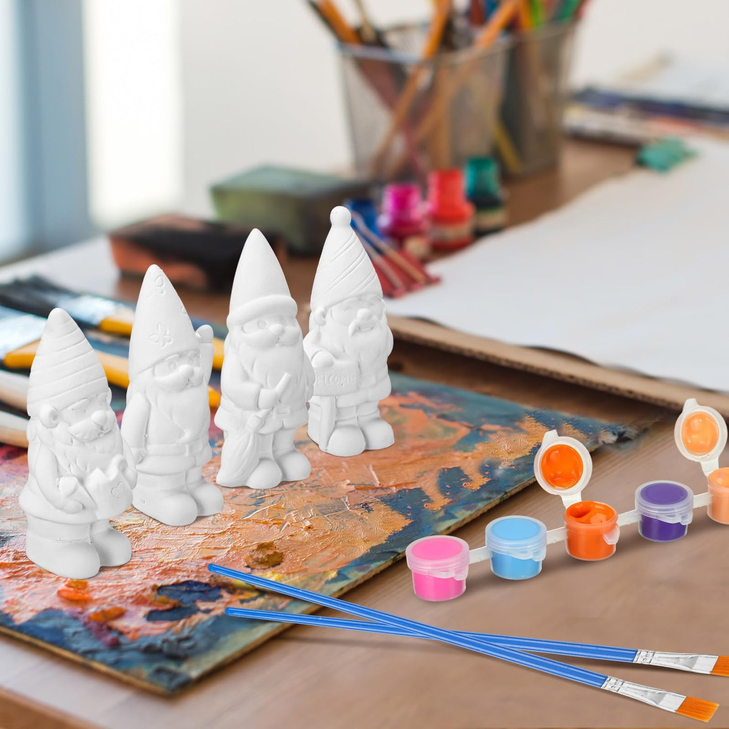 Barydat 4 Pcs Xmas Gnomes Ceramic Painting Kit for Kids Adults 5'' Gnome Statues with Paint Pod Strips, 2 Brushes Unpainted Blank Ceramics to Paint Barydat