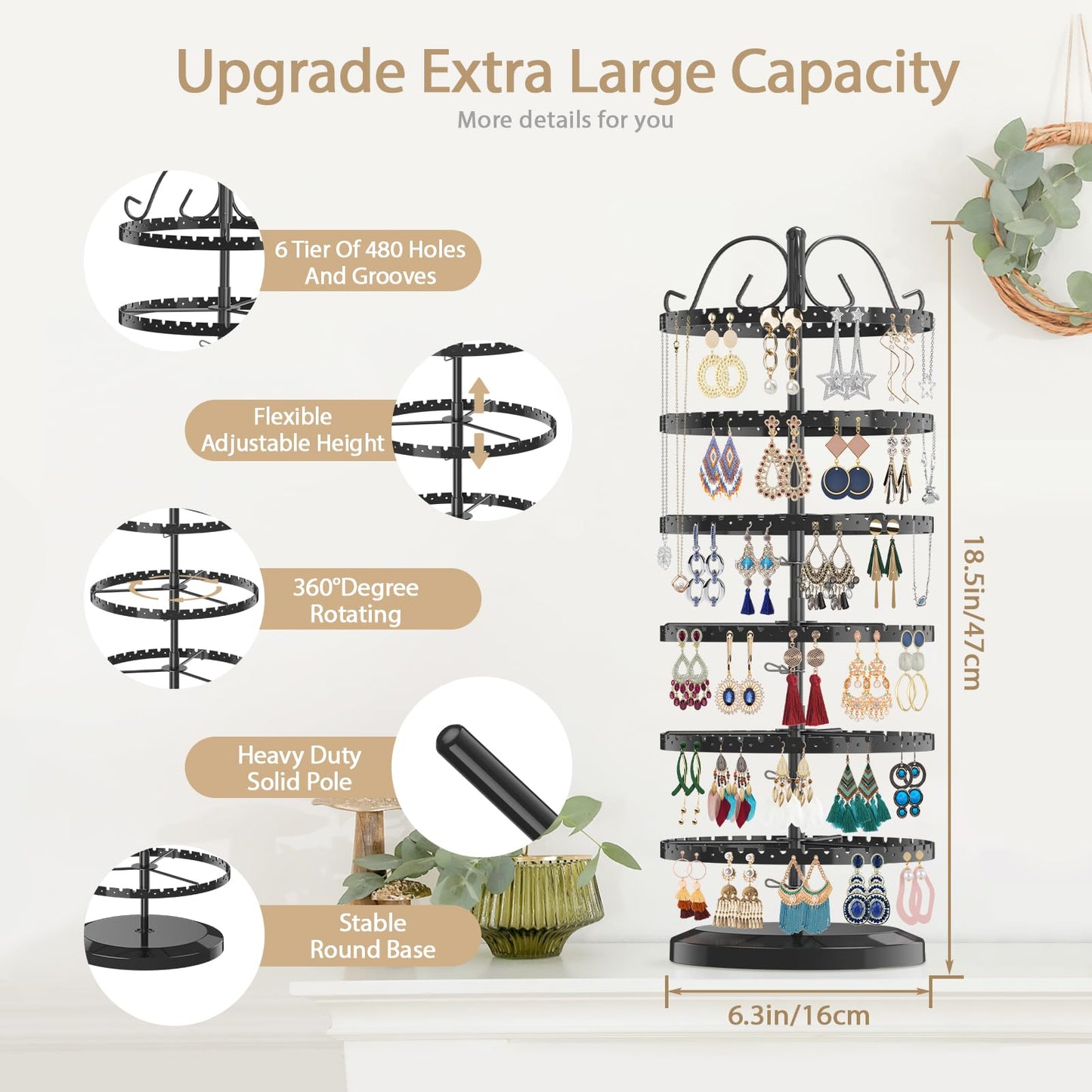 LASZOLA 6 Tier Rotating Earring Holder Organizer, Adjustable Metal Jewelry Display Stand for Women Girls, 480 Holes and Grooves Large Stud Earring - WoodArtSupply